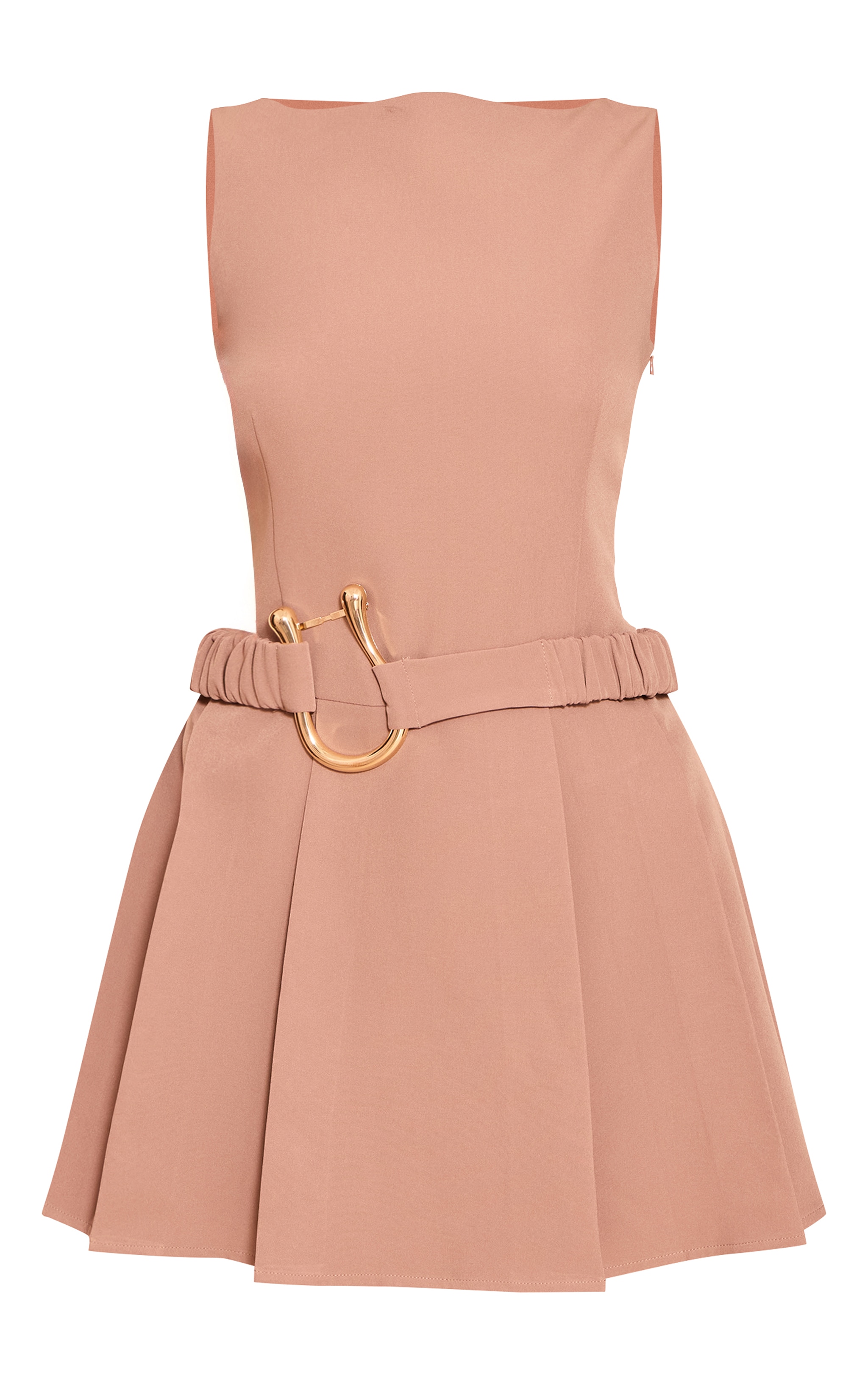 Beige Woven Belt Detail Pleated Shift Dress image 5