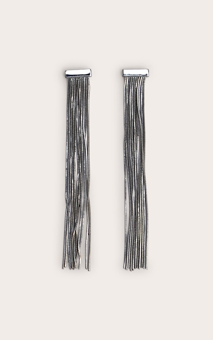 Boucles d'oreilles argentées à barre et chaînes en cascade image 2