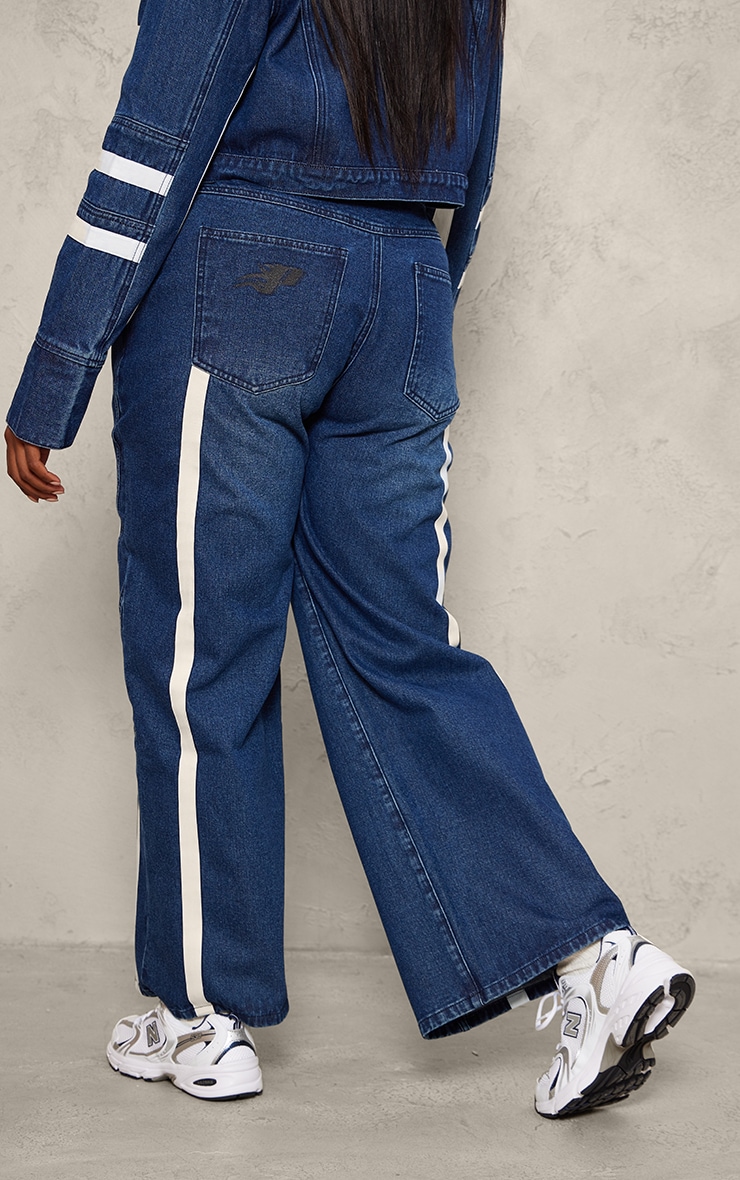 Plus Mid Blue Wash Graphic Detail Panelled Wide Leg Jeans image 3