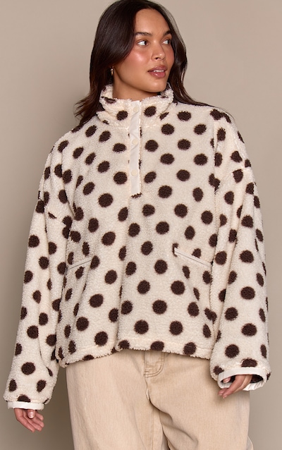 Plus Cream Polka Dot Hooded Fleece Pull Over Sweater