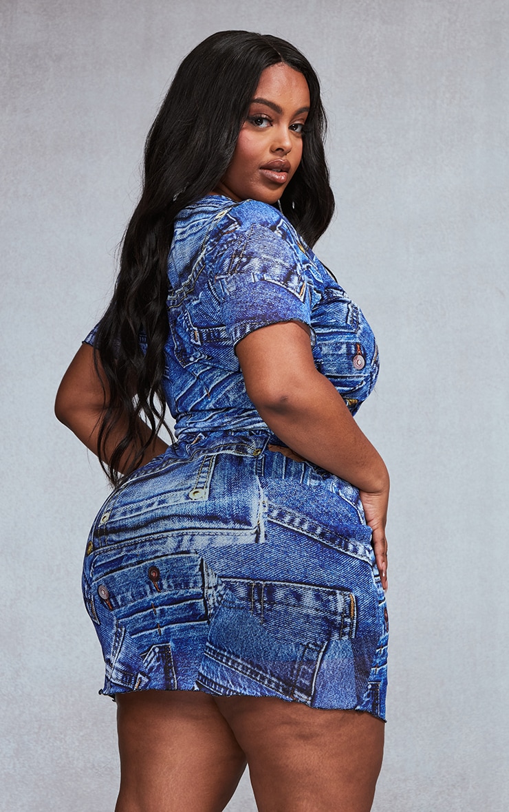 Plus Blue Printed Lettuce Hem Mesh Top PrettyLittleThing USA