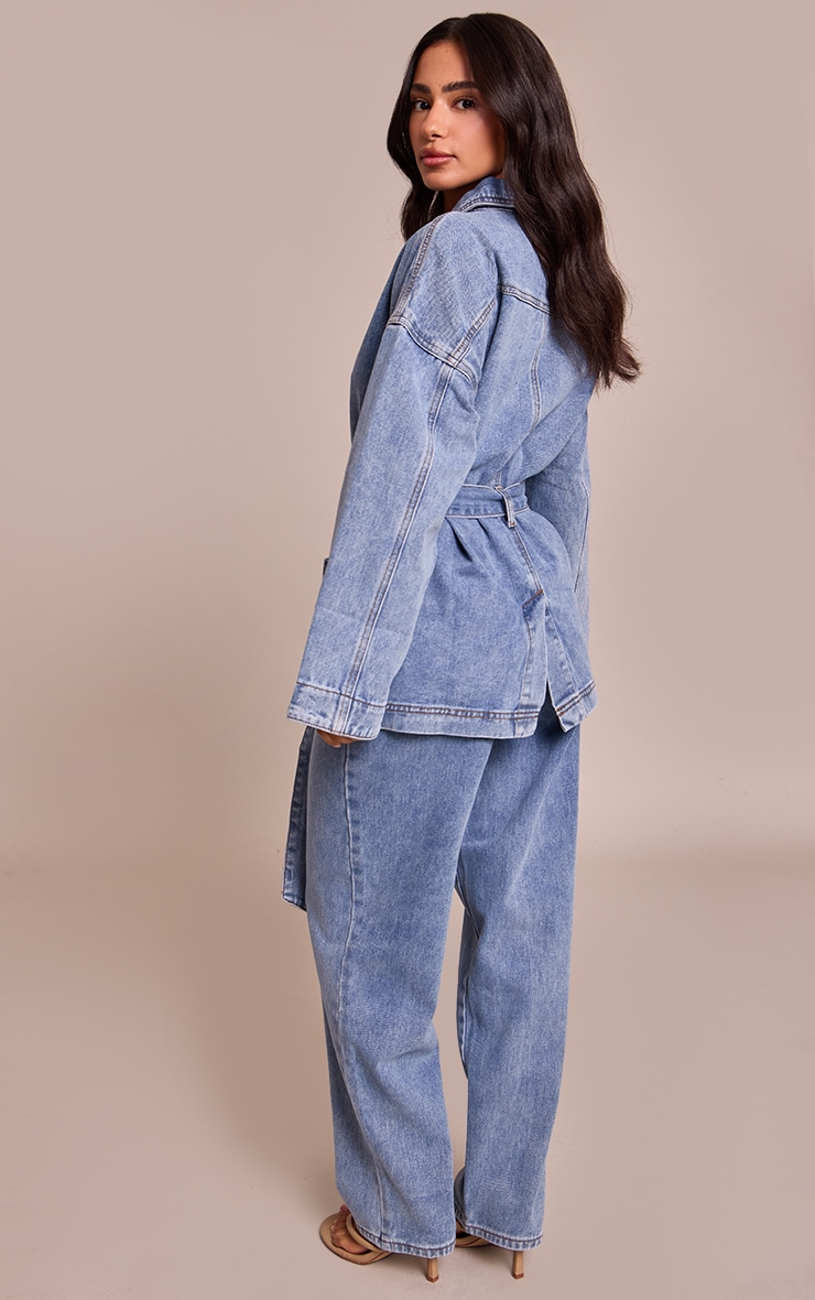 Petite Washed Mid Blue Denim Wide Leg Jeans image 3