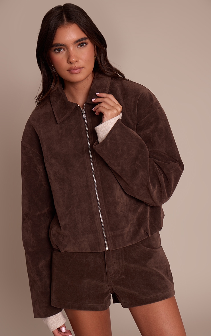 Dark Brown Suede Zip Up Pleated Cropped Jacket | Co-ords