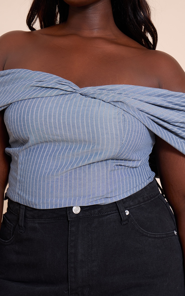 Plus Grey Striped Cotton Twist Detail Bardot Top image 4