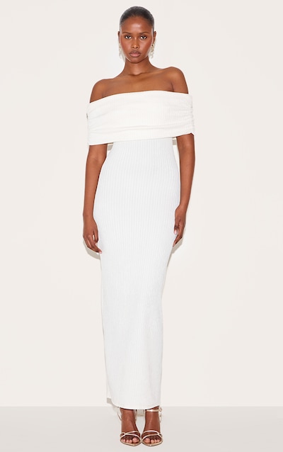 Cream Textured Fold Over Bardot Maxi Dress