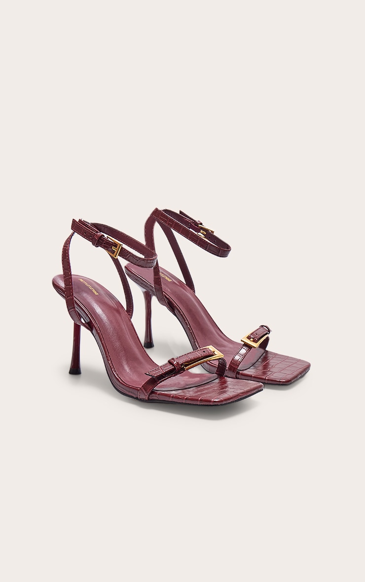 Burgundy PU Square Toe Double Buckle High Stiletto Heeled Sandals image 2