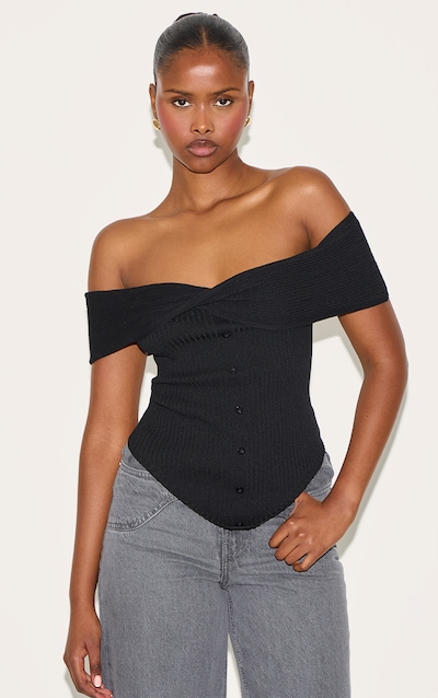 Top en maille tricot côtelée noire à col bardot et boutons