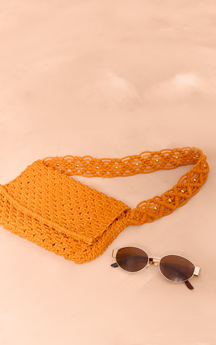 Orange Knit Macrame Gold Bead Shoulder Bag image 3