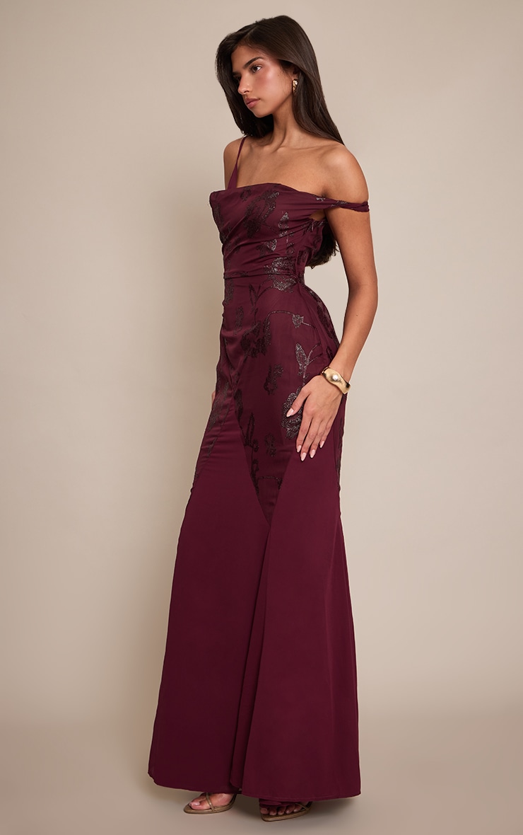Wine Textured Bardot Godet Maxi Dress image 3