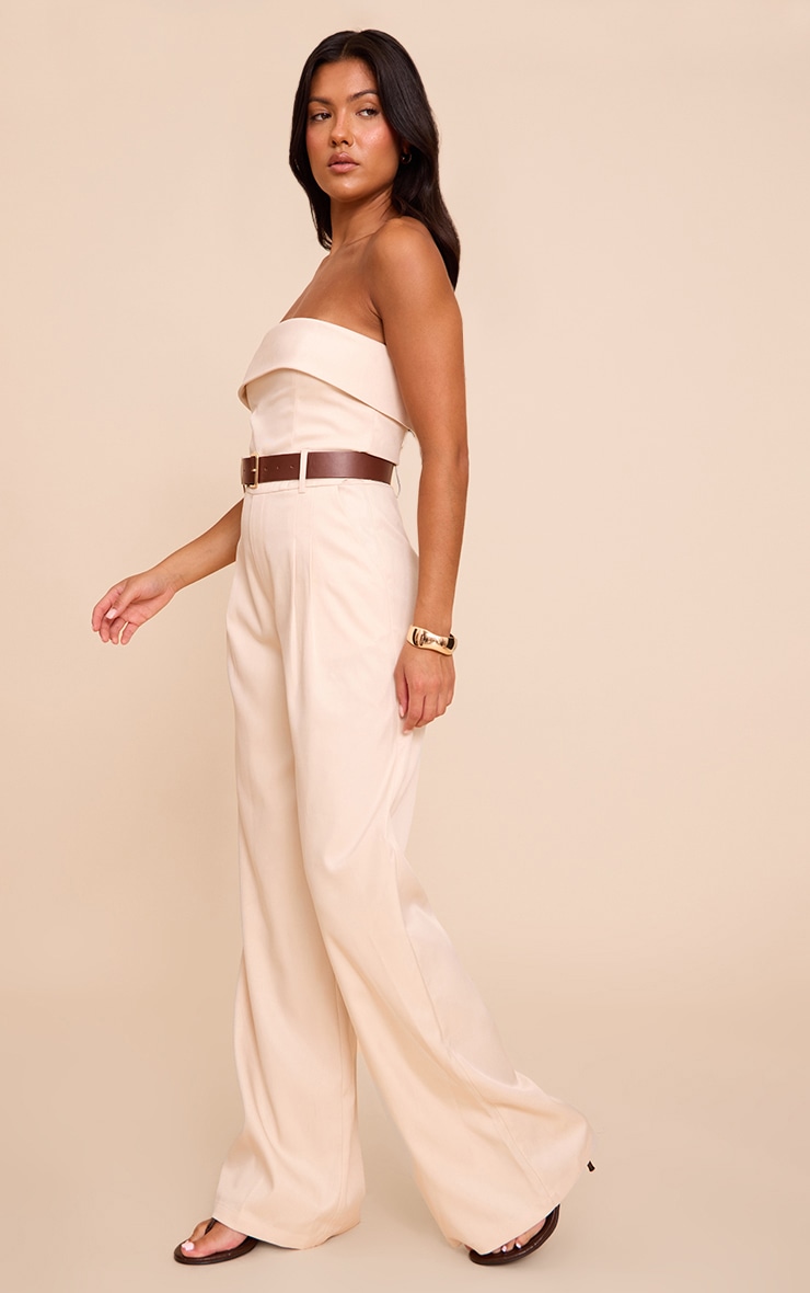 Cream Woven Bandeau Belted Wide Leg Jumpsuit image 3