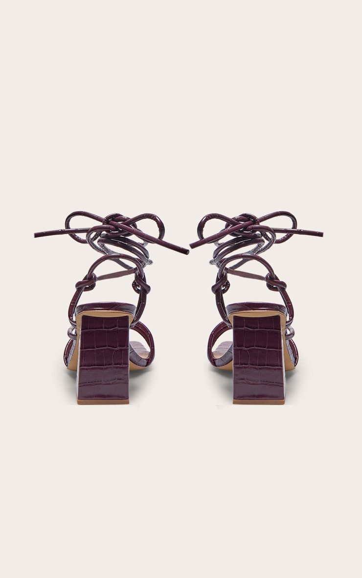 Burgundy Croc PU Square Toe Strappy Low Block Heeled Sandals image 3