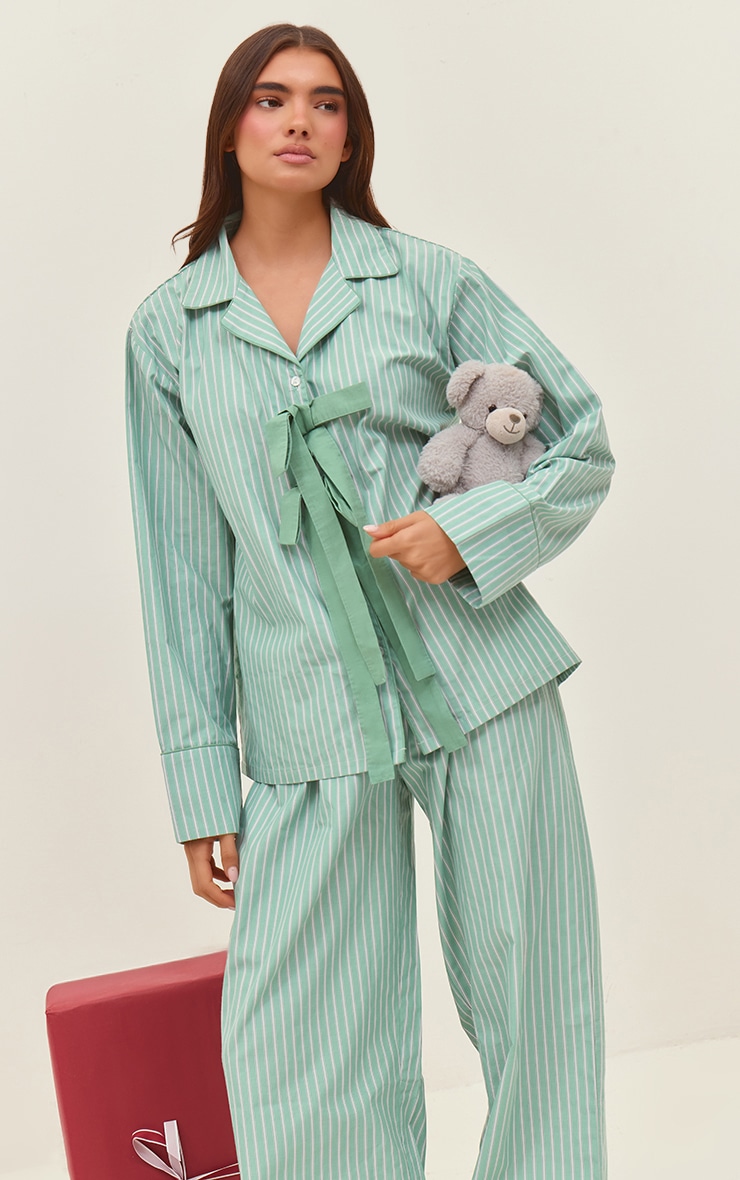 Green Stripe Detail Long Pyjama Set