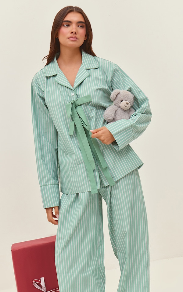 Green Stripe Detail Long Pyjama Set