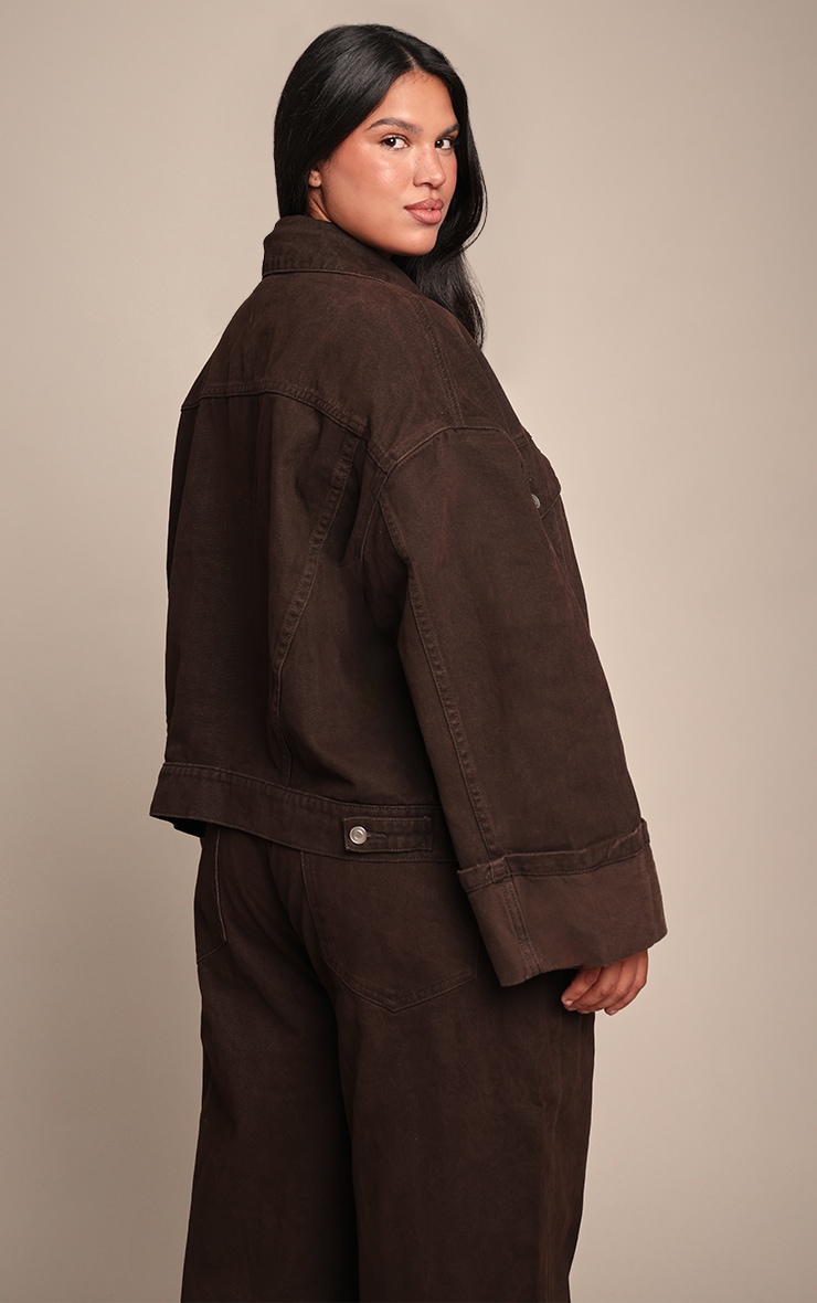 Plus Chocolate Turn Up Cuff Contrast Stitch Denim Jacket image 2