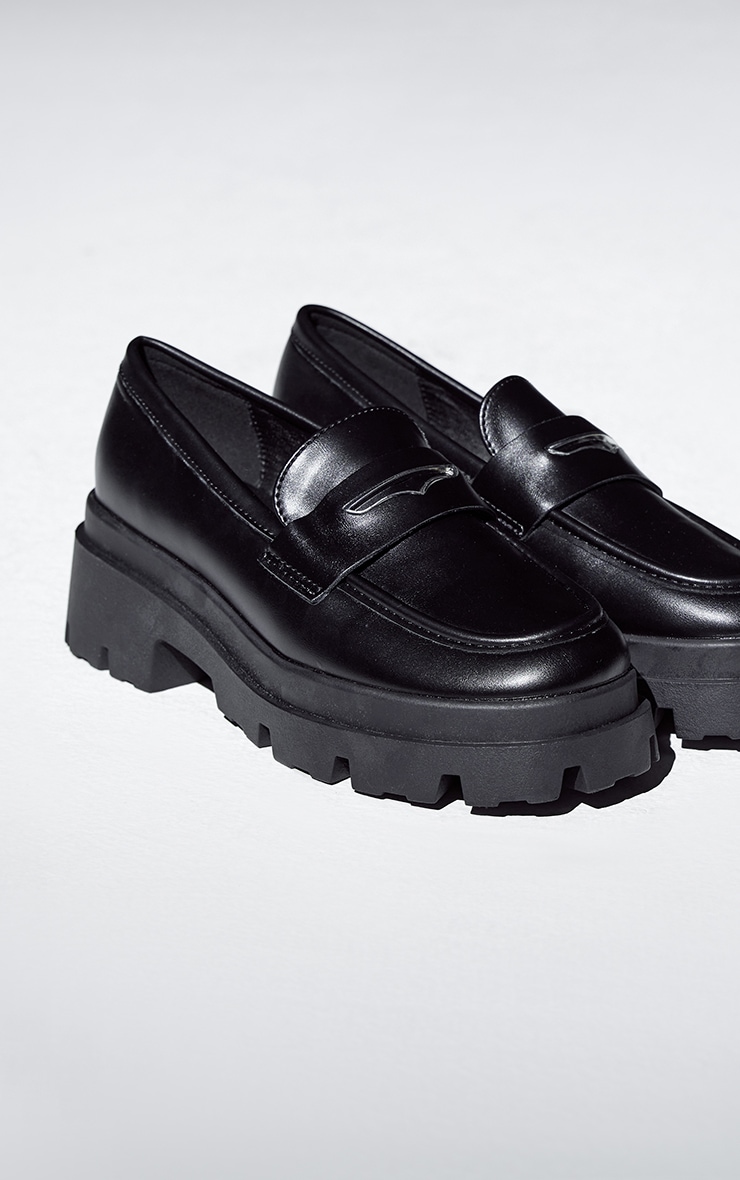 Black Pu Round Toe Chunky Sole Loafers image 3