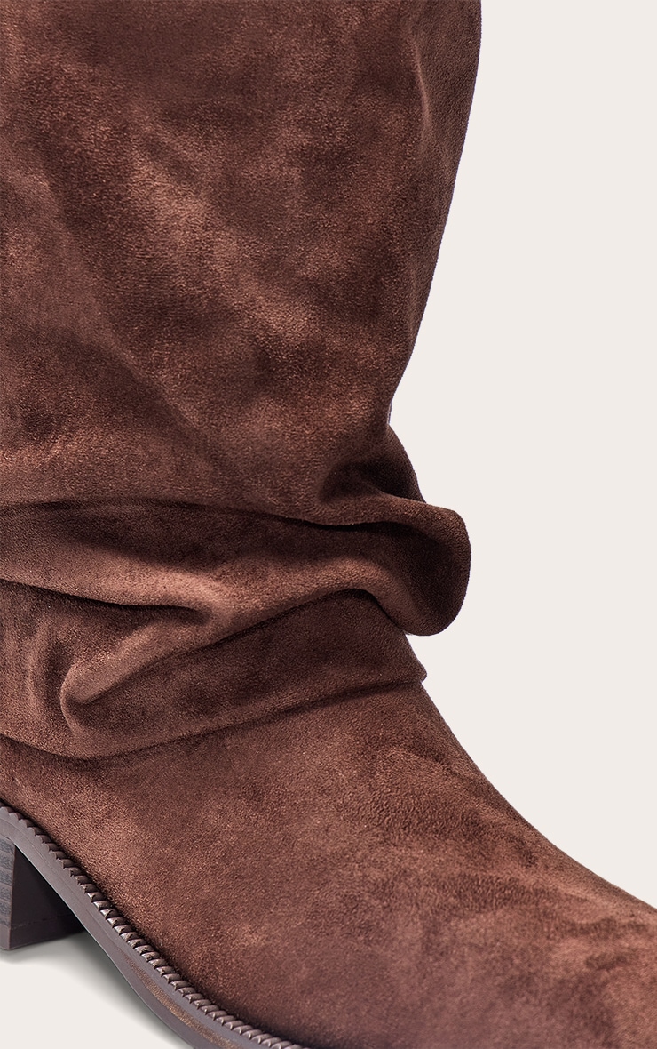 Chocolate Suede Ruched Block Heeled Knee High Boot image 5