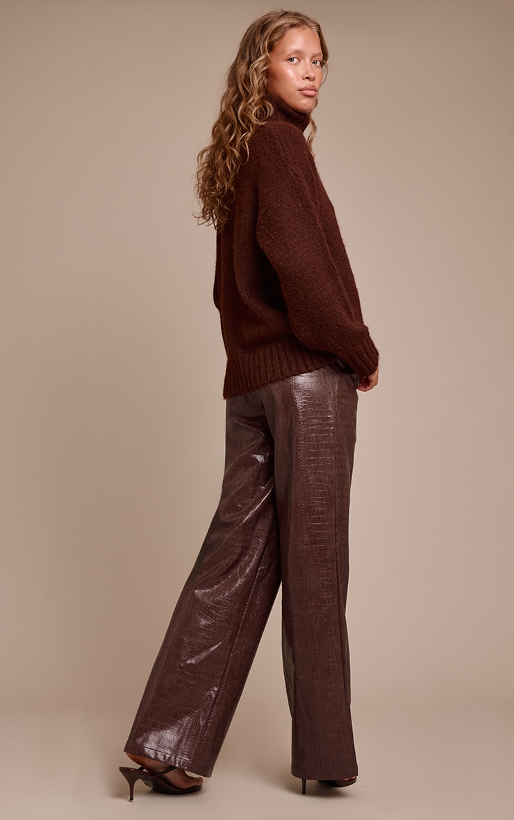 Dark Chocolate Faux Leather Croc Print Straight Leg Pants image 3