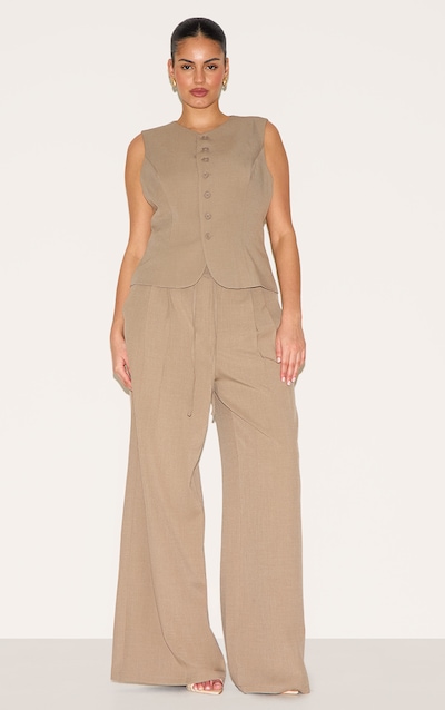 Plus Taupe Tailored Tie Detail Woven Wide Leg Pants