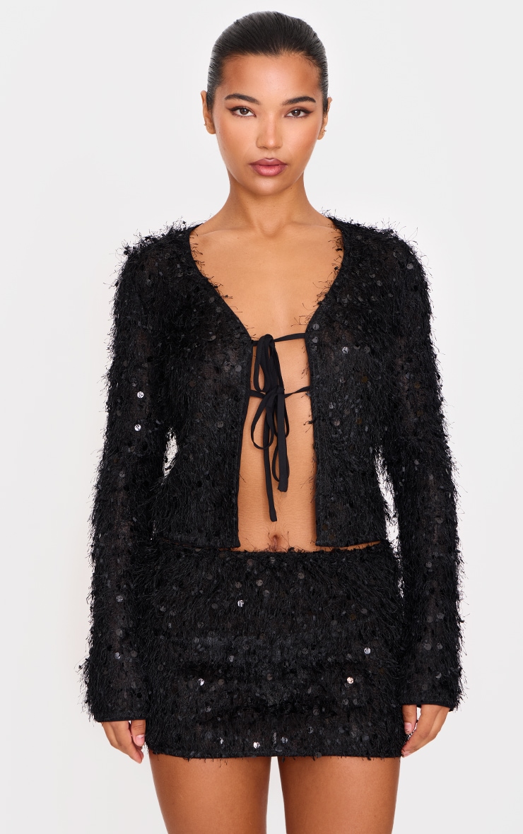 Black Sequin Eyelash Micro Mini Skirt image 4
