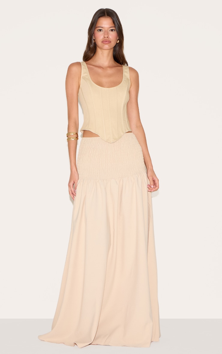 Almond Shirred Waist Cotton Poplin Maxi Skirt image 1