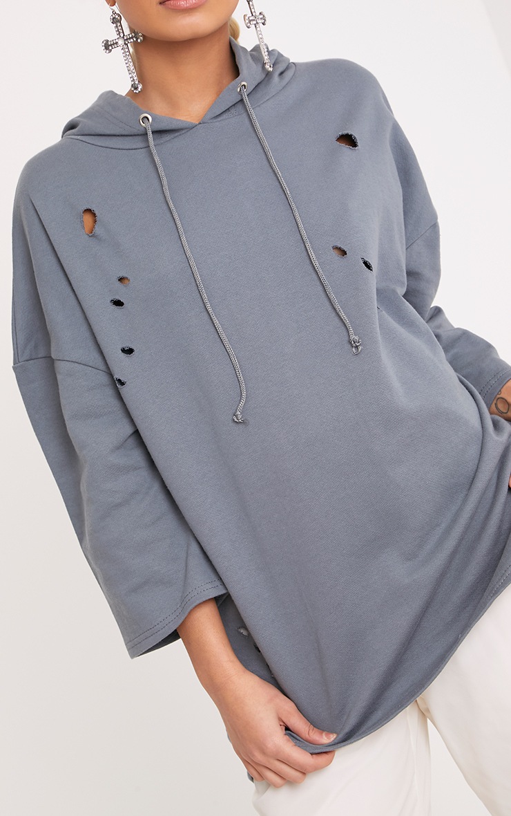 Lotty Blue Distressed Short Sleeve Hoodie Tops PrettyLittleThing