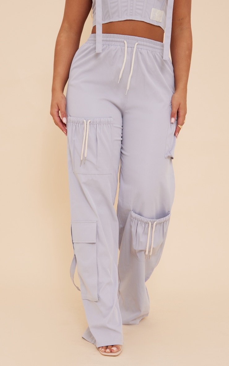 PRETTYLITTLETHING Shape Light Grey Pocket Detail Wide Leg Track Pants image 2