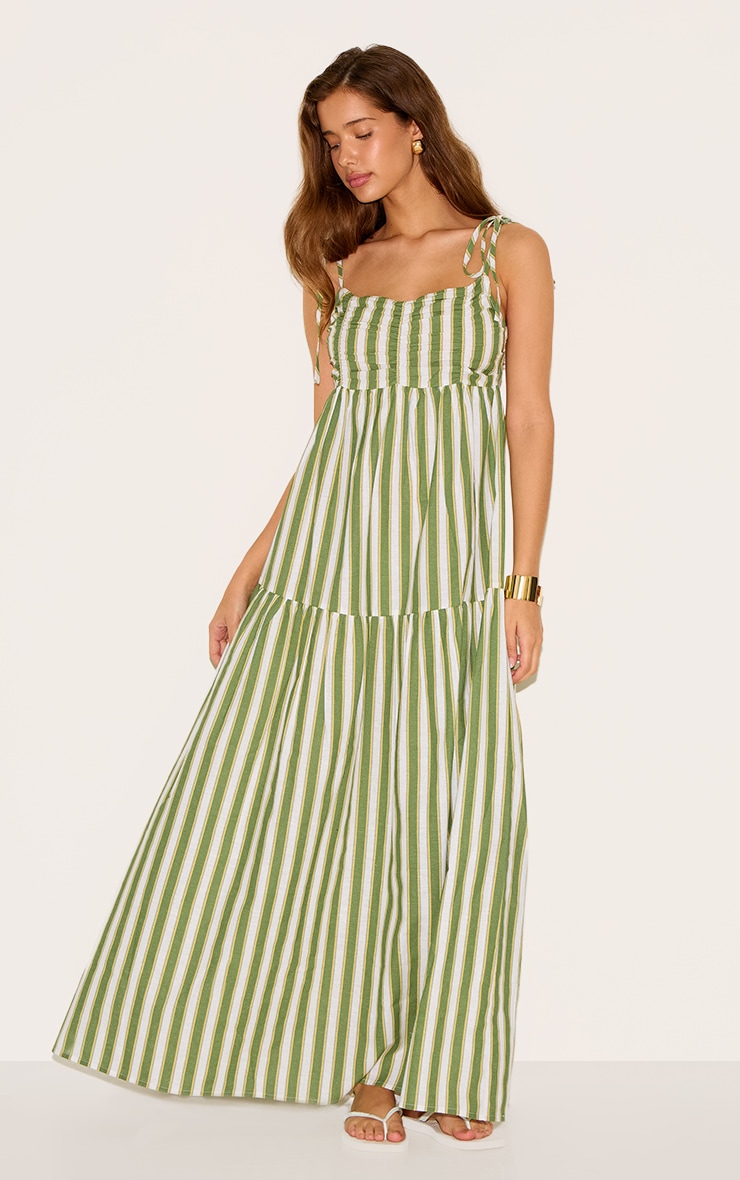 Green Striped Strappy Low Back Maxi Dress image 3