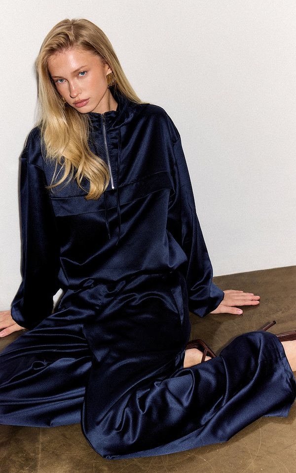 Navy Satin Wide Leg Pants