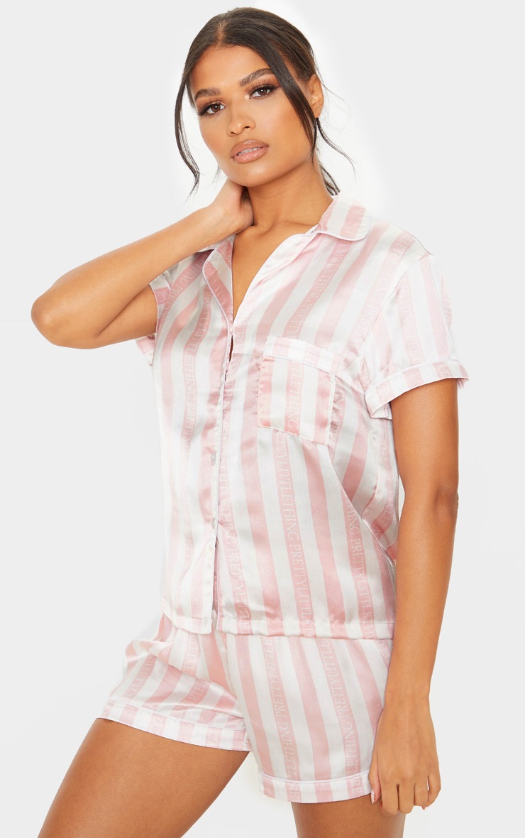 PRETTYLITTLETHING Baby Pink Striped Satin Pocket Pyjama Set