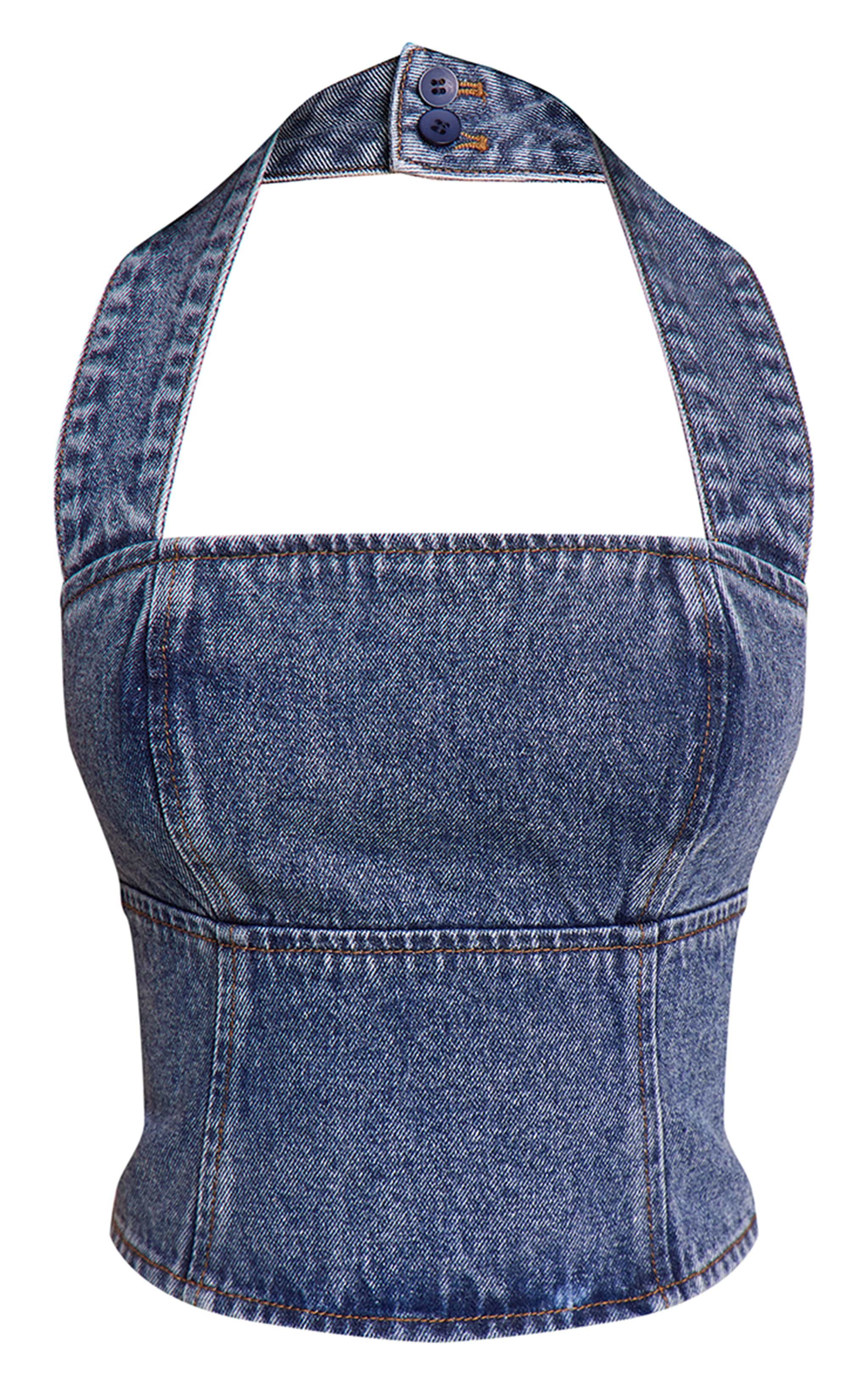 Petite Mid Blue Denim Halterneck Top image 5