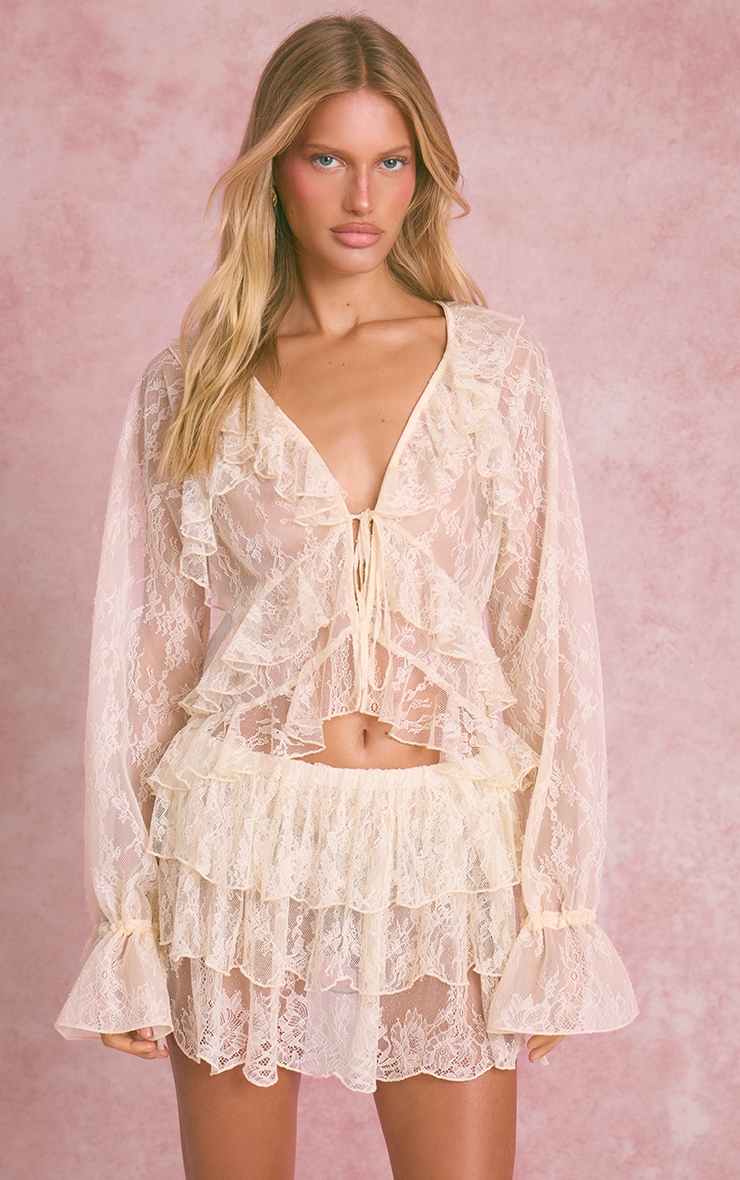 Cream Lace Ruffle Mini Skirt image 4