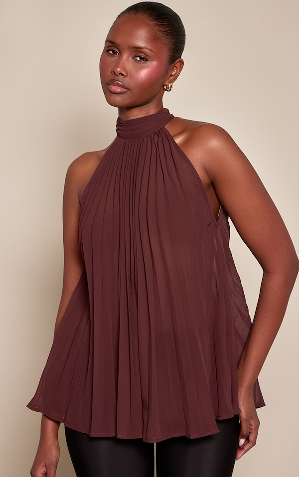 Chocolate Chiffon Plisse Drape Detail Halterneck Top