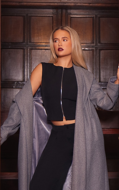 Black Premium Woven Zip Up Detail Sleeveless Top