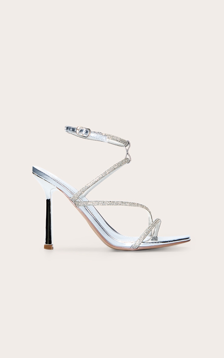 Silver PU Square Toe Diamante Asymmetric Strap High Heels image 2