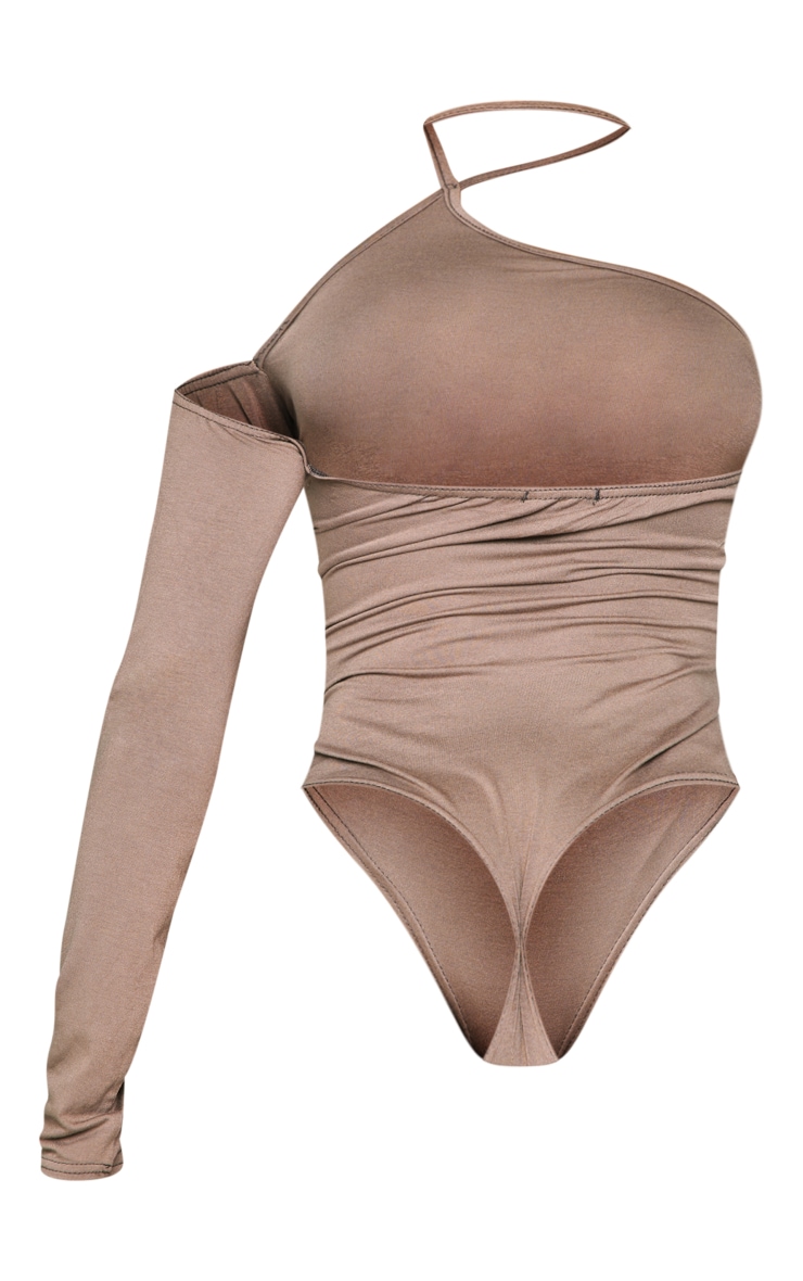 Mocha Brown Jersey One Shoulder Halter Bodysuit image 6