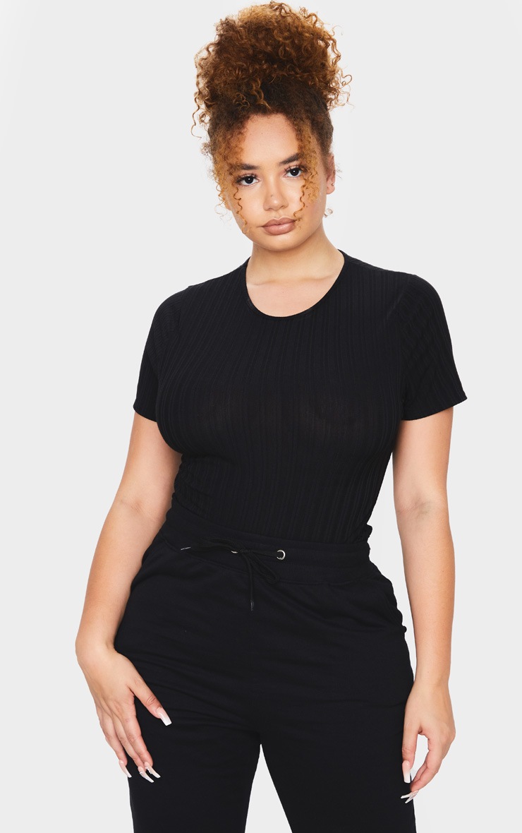 Plus Black Recycled Rib Short Sleeve Crew Neck Bodysuit