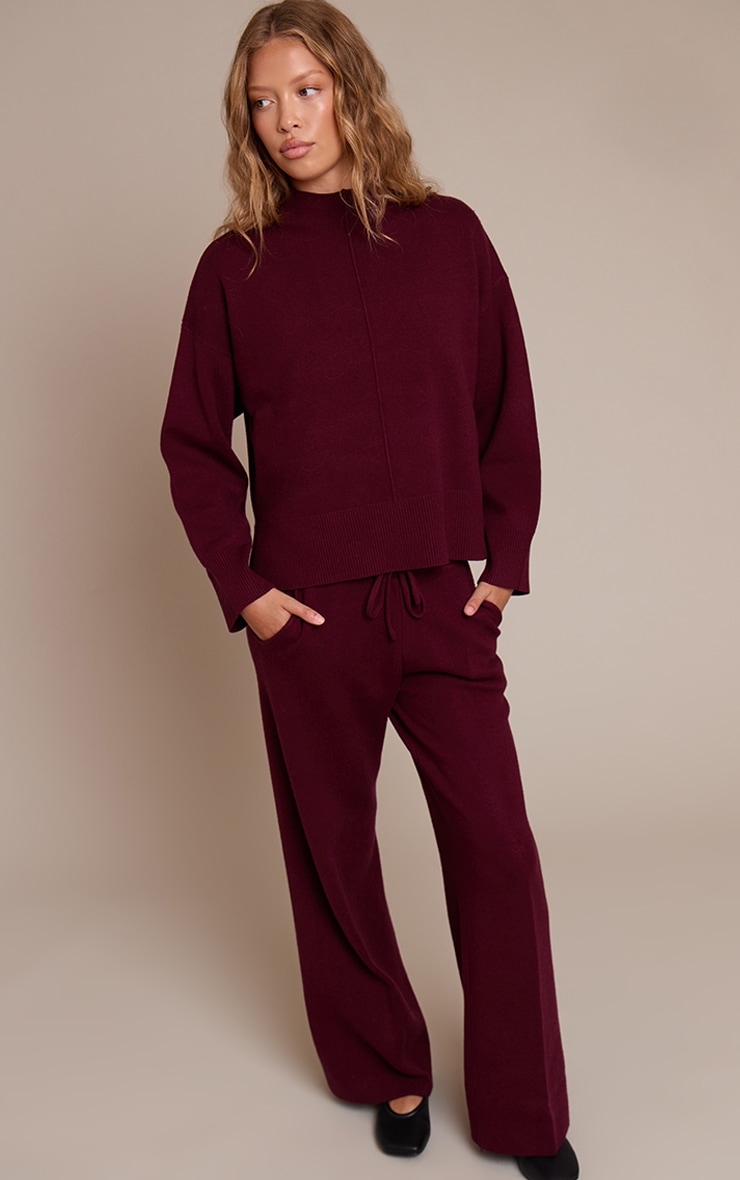 Burgundy Drawstring Wide Leg Knitted Pants image 1