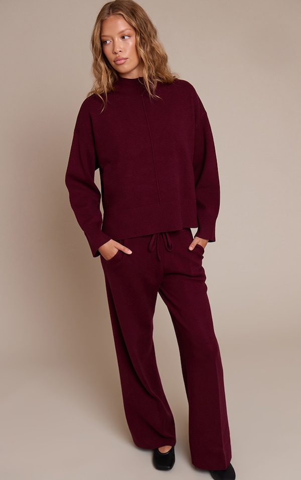Burgundy Drawstring Wide Leg Knitted Pants