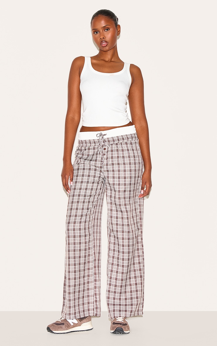 Brown Gingham Print Button Front Straight Leg Pants image 2