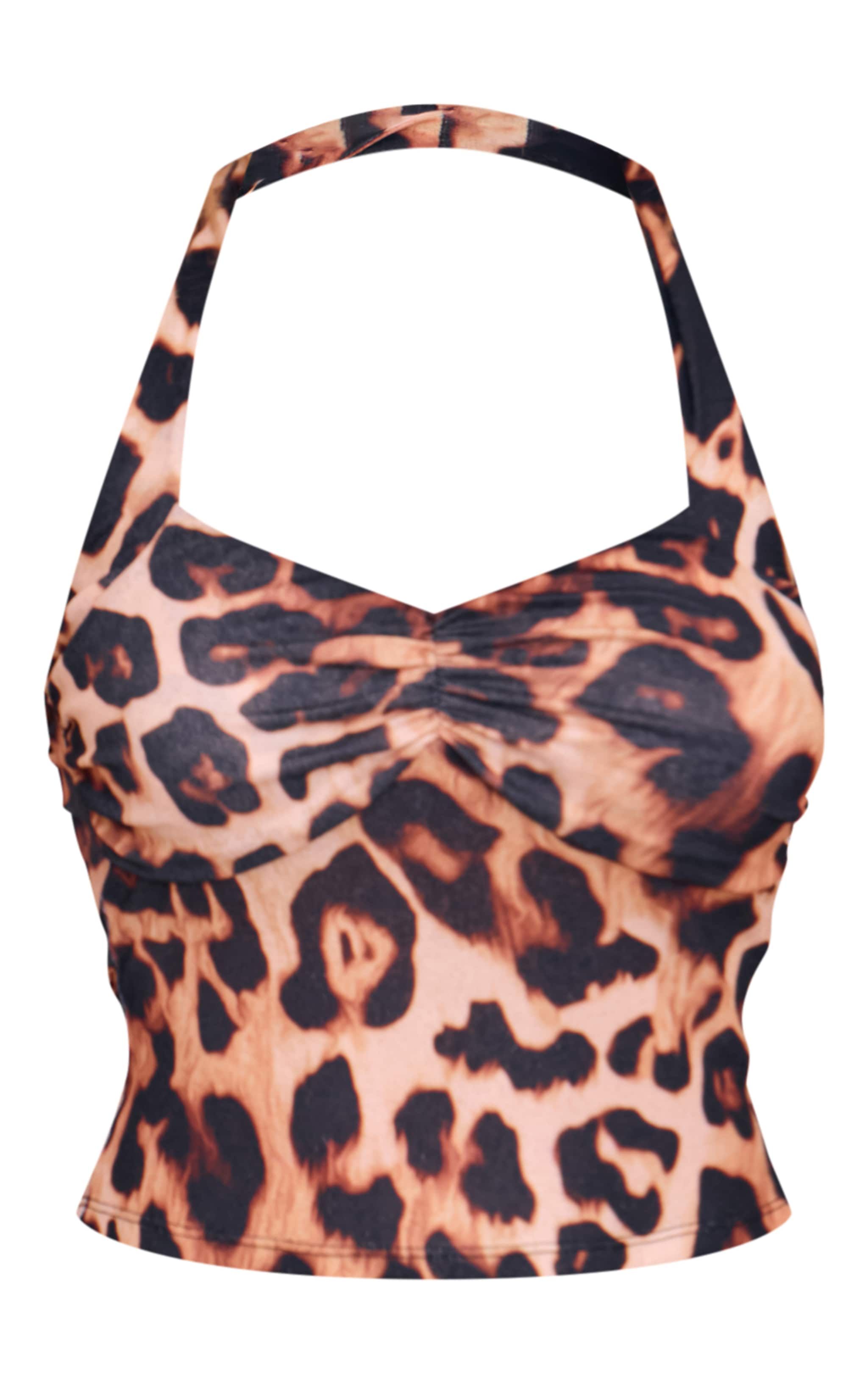 Brown Leopard Print Burnout Mesh Halterneck Top image 5