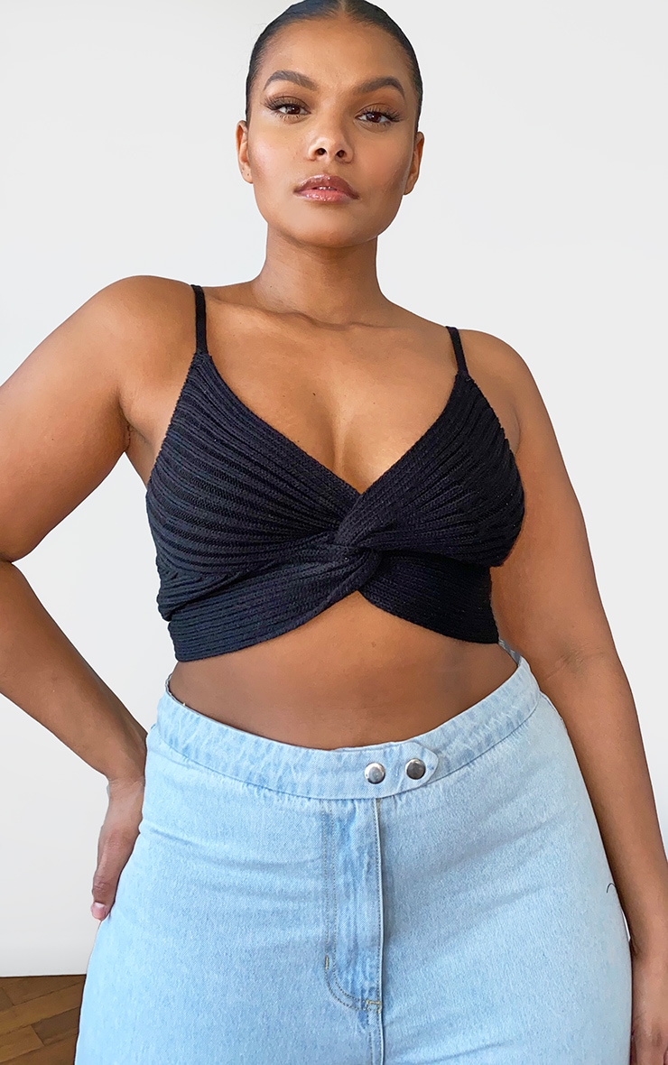 Plus Black Knit Twist Front Crop Top image 1