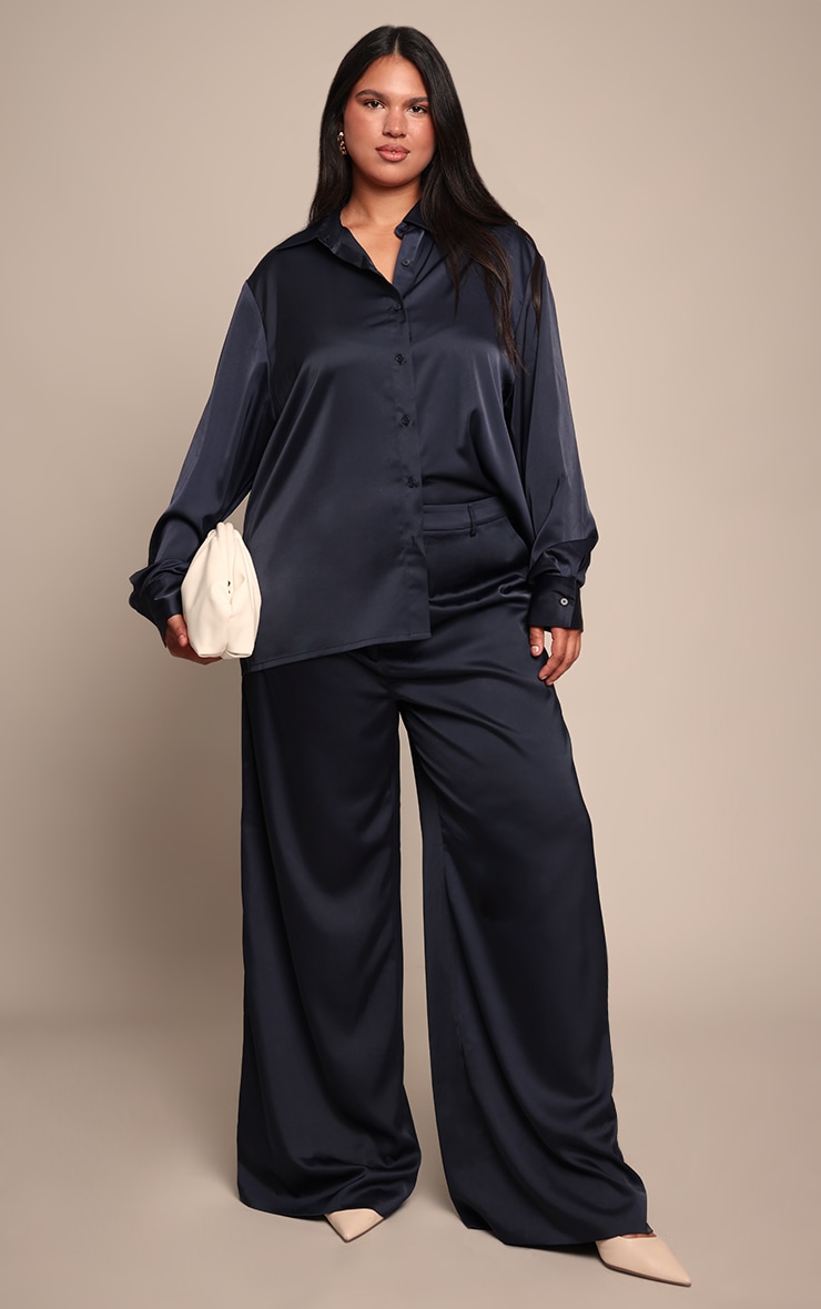 Plus Black Crinkle Satin High Waist Wide Leg Pants image 1