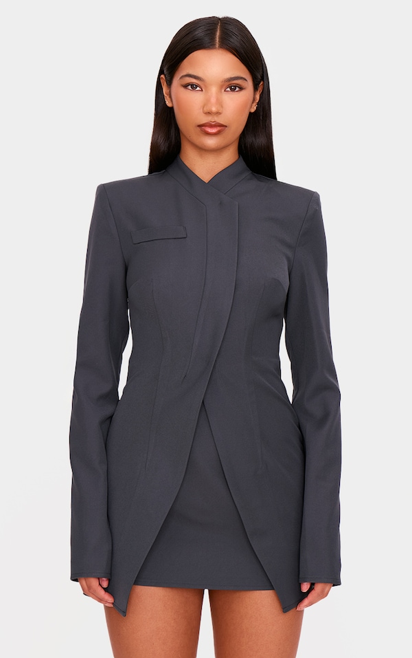 Charcoal Tailored Overlap Long Sleeve Bodycon Dress