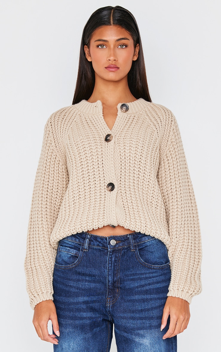 Beige Chunky Cable Knit Button Up Cardigan image 1