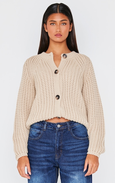 Beige Chunky Cable Knit Button Up Cardigan