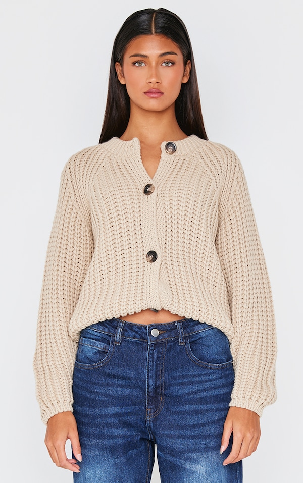 Beige Chunky Cable Knit Button Up Cardigan