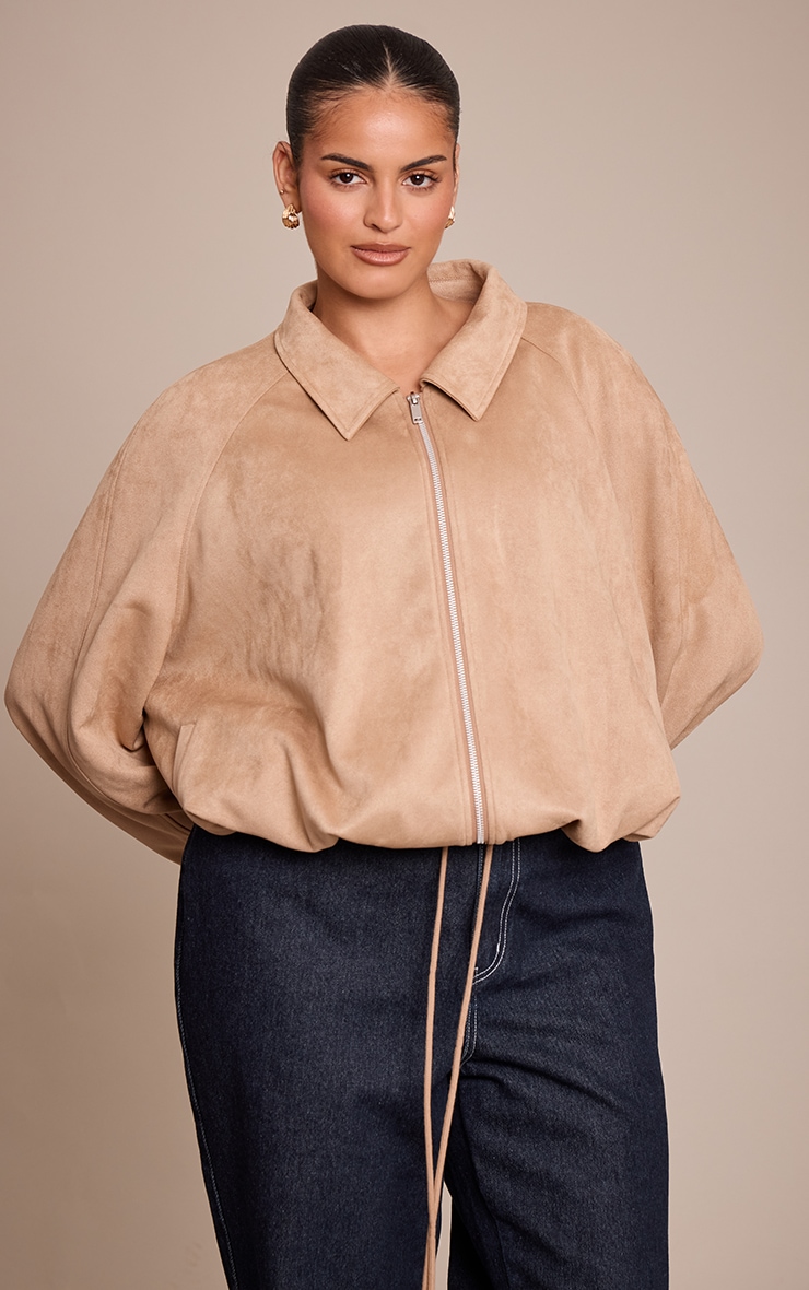 Plus Sand Lightweight Faux Suede Ruched Hem Through Jacket