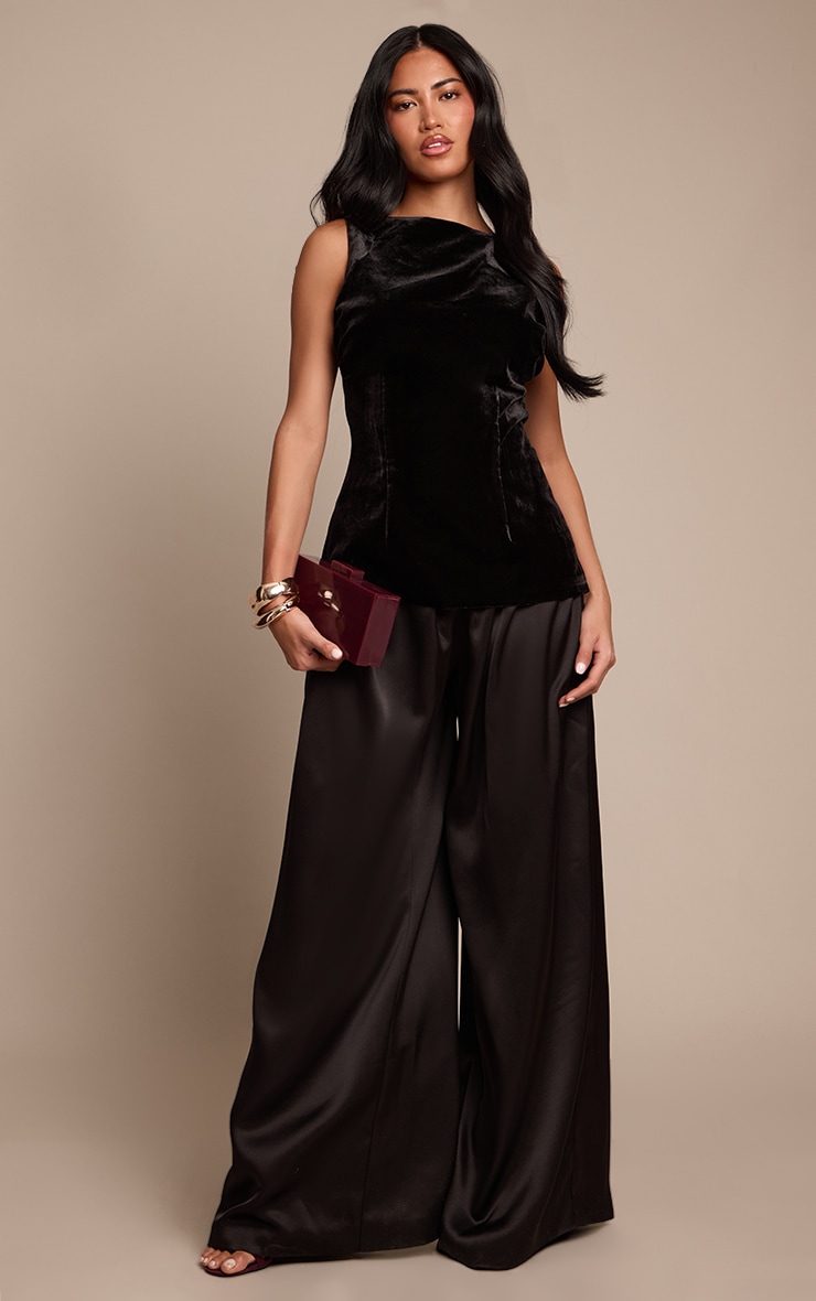 Black Satin Pleated Wide Leg Pants image 1