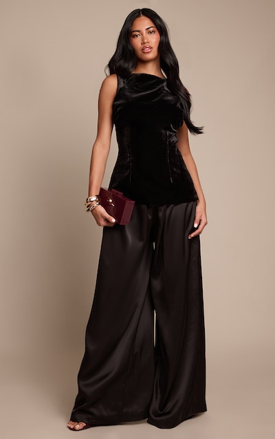 Black Satin Pleated Wide Leg Pants