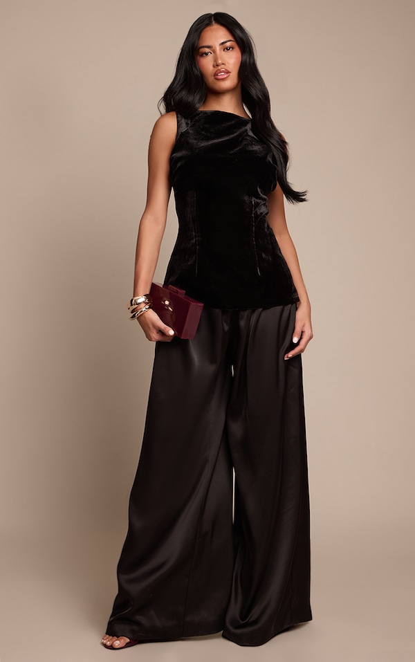Black Satin Pleated Wide Leg Pants